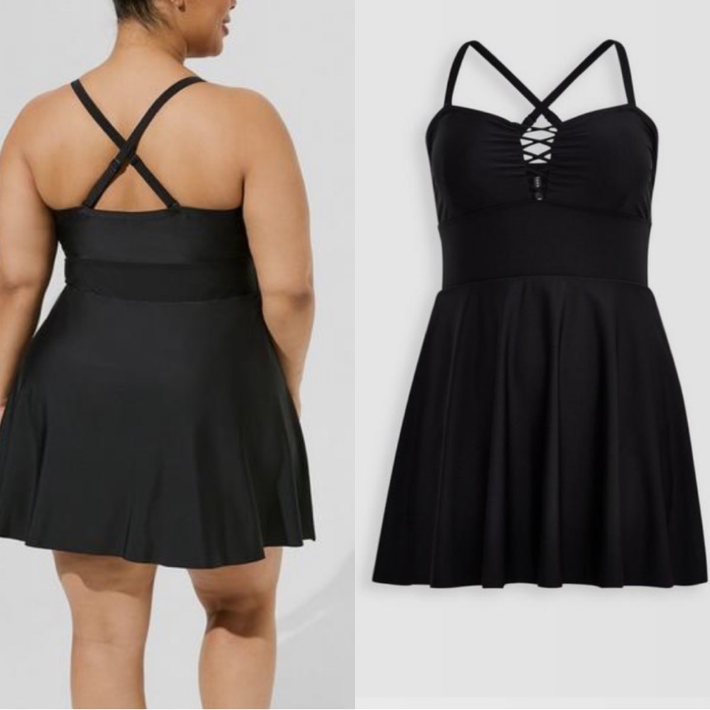 Torrid Wireless Long Lattice Front Swim Dress With Brief